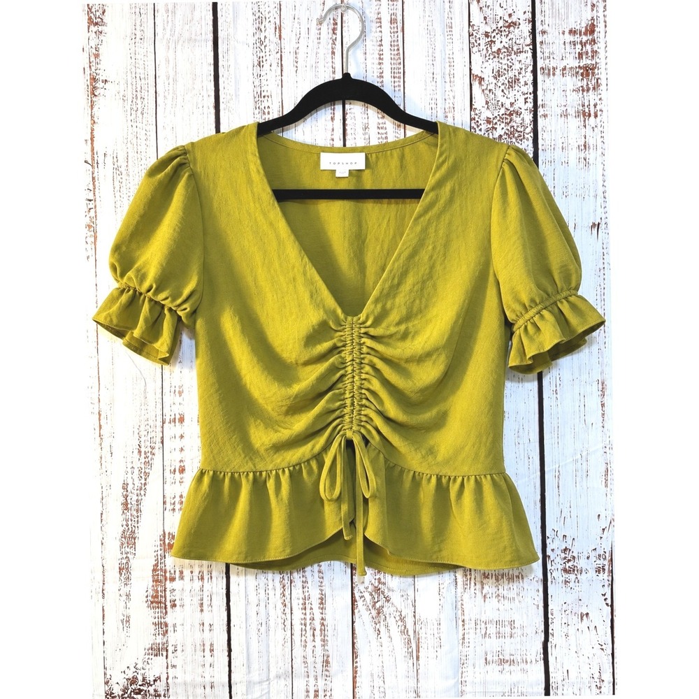 Topshop Olive Green Ruched Peplum Blouse US 6 Short Puff Sleeve V-Neck Top